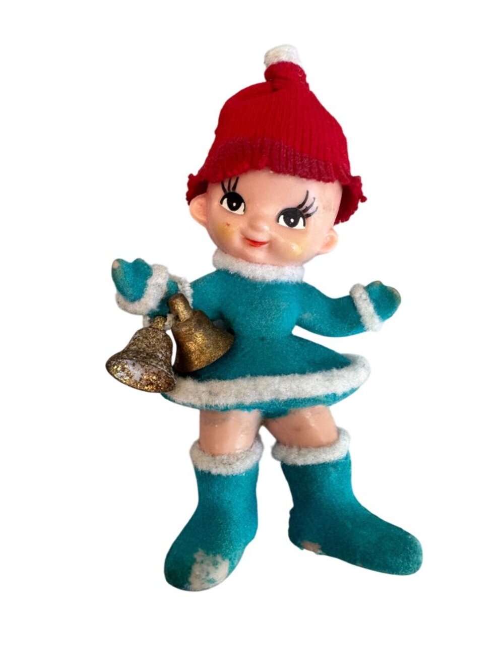Vintage Flocked Pixie Elf Ornament With Bells Red Knit Hat 5" - Picture 4 of 7